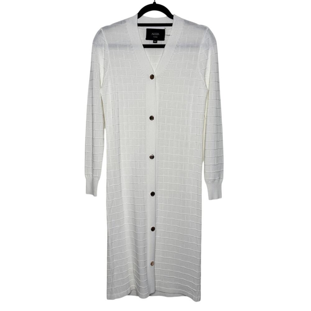 Aleeza Paris White Textured Knit Longline Cardigan Dress – Small
